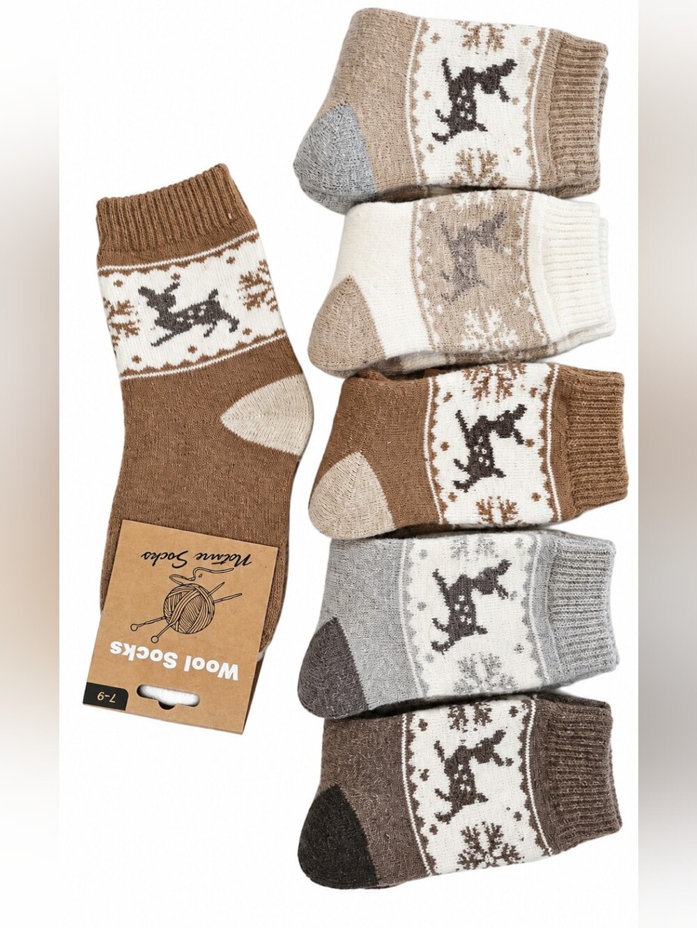 6 Pairs 70% Wool Socks Reindeer Womens Warm Winter Thermal Crew Socks Size 7-9
